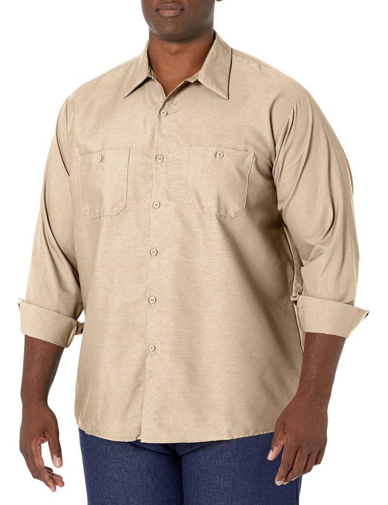 Red Kap Men's Industrial Work Shirt, Regular Fit, Long Sleeve, Light Tan, Large - Image 1
